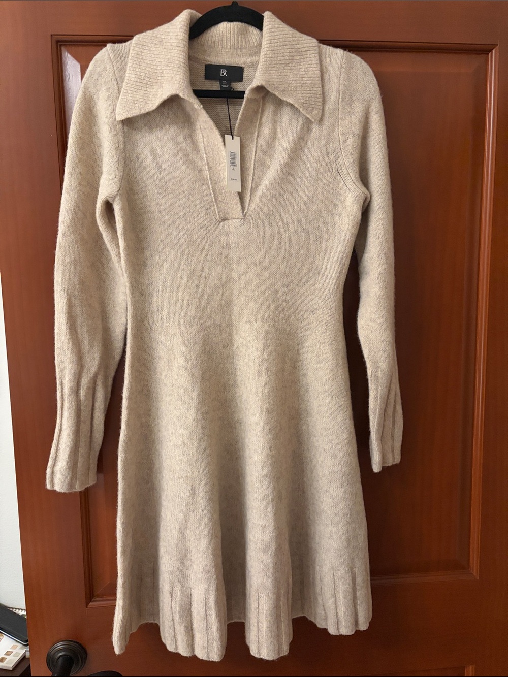 Banana Republic Cream Knit Collared Long-Sleeve Dress